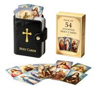 Viilich 54 Pieces Catholic Prayer Card Set with Pocket Leather Holy Card Organiser, Snap Closure Prayer Card Case, Portable Religious Holy Cards for Daily Mass, Bible Study
