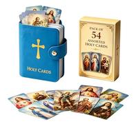 Viilich 54 Pieces Catholic Prayer Card Set with Pocket Leather Holy Card Organiser, Snap Closure Prayer Card Case, Portable Religious Holy Cards for Daily Mass, Bible Study