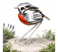 Viilich Metal Robin Bird Garden Ornament, Rustic Matte Red Breast Bird Sculpture, Anti-Rust Weatherproof Stainless Steel Free-Standing Statue, Cutlery Art Decor for Garden Patio Desk Display