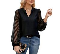 viiotu Chiffon Blouse for Women, Elegant Long Sleeve V Neck Lace Blouse Tops Elegant Modern for Office, Party and Casual, Black/White, XL
