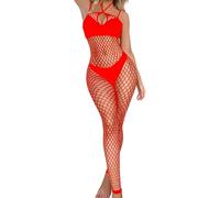 viiotu Fishnet Bodysuit for Women - Lace Lingerie Bodystocking, Sleeveless Sexy Mesh Teddy, Stretchy See-Through Nightwear for Honeymoon, Lingerie Parties (Red, One Size)