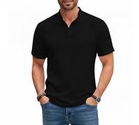 viiotu Men's Henley Shirt Short Sleeve Cotton-Linen Feel Breathable Summer Shirt Textured Vertical Stripe Design (UK, Alpha, 3XL, Regular, Regular, Black)