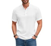 viiotu Men's Henley Shirt Short Sleeve Cotton-Linen Feel Breathable Summer Shirt Textured Vertical Stripe Design (UK, Alpha, XL, Regular, Regular, White)