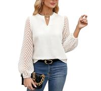 Viiotu Women's Chiffon Blouse, Elegant Long Sleeve V-Neck Lace Blouse, Modern Elegant Tops for Office, Party and Casual, white, S