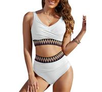 Vijamiy Bikini Sets for Women Tummy Control Sexy V Neck Push Up Padded Two Piece Swimwear High Waisted Bikini Plus Size with Colorful Stripes(White,XL)