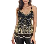 Vijiv Women's 1920s Inspired Beaded Sequin Top Shimmer Glitter Blouse V Neck Tank Top Formal Gatsby Shirt, Black Gold, 4-6