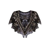 Vijiv Women's 1920s Shawl Deco Sequin Beaded Evening Cape Bolero Flapper Cover Up For Wedding Black Gold