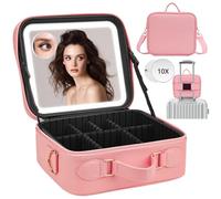 ViKert Travel Makeup Bag with Light Up Mirror,Makeup Travel Case with Adjustable dividers,Waterproof Makeup Train Case,Lighted Makeup Case with Detachable Mirror, Pink1
