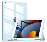 VIKESI Case for iPad 9th/8th/7th Generation 10.2 Inch (2021/2020/2019), Clear Back TPU Shockproof Frame Cover, Built-in Pen Holder, Support Auto Sleep/Wake, Ice Blue