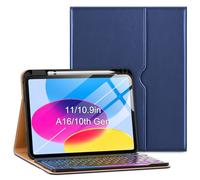 VIKESI Keyboard Case for iPad 10th Generation Case 10.9 Inch (2022 Released), Premium Leather Smart Cover, Built-in Breathing Light, Function Row, Pencil Holder, Card Slots - Navy Blue