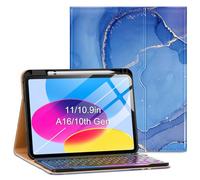 VIKESI Keyboard Case for iPad (A16,2025) 11th Generation/iPad 10th Generation Case (10.9" 2022),Premium Leather Smart Cover,Built-in Breathing Light,Function Row,Pencil Holder,Card Slots -Ocean Marble