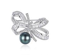 VIKI LYNN Cubic Zirconia Bowknot 9-10mm Tahitian Pearl Brooch Pin for Women