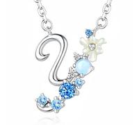 VIKI LYNN Initial Necklace for Women Letter Blue Flower Pendant | Blue Flower Detail, Cubic Zirconia Pendant, Dainty Jewelry, Gift for Women, Wife, Mom, Her, Birthday, Anniversary, Christmas