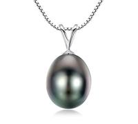 VIKI LYNN Tahitian Black Pearl Necklace for Women 9-10mm Teardrop-shaped Tahitian Cultured Black Pearl Pendant with 925 Sterling Silver Chain(white gold