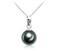 VIKI LYNN Tahitian Cultured Black Pearl Pendant Necklace 9-10mm Round Sterling Silver Jewelry for Women(white gold