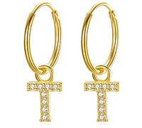 VIKI LYNN Women 18K Gold Plated Silver Huggie Hoop Earrings Letter T Drop Dangle Cubic Zircoina Initial Earrings