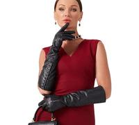 VIKIDEER Side Button Long Leather Gloves for Women with Plush Lining Warm Elegant for Evening Opera or Daily, Black, X-Large