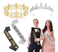 Vikilon 4pcs Prom Crown and Sash Set - King Crown Queen Tiara Prom King Prom Queen Sashes Grad Ball Kings Queen Costume Accessories for 2024 High School Graduation Party Prom Night