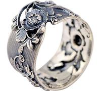 VIKIMO Feng Shui PiXiu Mantra Ring,Buddhist Heart Sutra Ring,Vintage Wide Black 999 Sterling Silver Peony Flower Ring for Women Girls 15mm Open and Adjustable