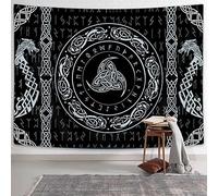 Viking Art Tapestry, Raven Ancient Rune Dragon Totem Norse Mythology Tapestries, Black White Mystical Geometric Norse Mythology Tapestry Wall Hanging for Living Room Bedroom Decor, 80x60