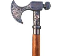 Viking Axe Walking Stick, Carved Wooden Cane with Antique Handle, Brown Wood Foldable for Men and Women Gift.