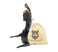 Viking By Heart Authentic Vikings Drinking Horn with Brass Rim, Horn Stand, Bottle Opener, and Adjustable Strap Holder, Cotton Drawstring Bag Included, Handcrafted Horn Mug Unique Beer Gift for Men
