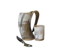 Viking By Heart Real Ox Horn 5'' Long, Vikings Drinking Horn Mug with Shot Glass, and Bottle Opener, Cotton Drawstring Bag Included, 17 OZ Capacity, Handcrafted Horn Mug Unique Beer Gifts for Men