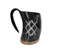 Viking By Heart Real Ox Horn 6-7'' Long, Vikings Drinking Horn Mug with Wooden Base, Engraved with Odin's Spear, 20 OZ Capacity, Handcrafted Horn Mug Unique Beer Gifts for Men, Women