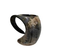 Viking By Heart Real Ox Horn 6-7'' Long, Vikings Drinking Horn Mug with Wooden Base, Engraved with Tree of Life, 20 OZ Capacity, Handcrafted Horn Mug Unique Beer Gifts for Men, Women
