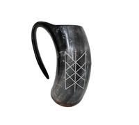 Viking By Heart Real Ox Horn 6-7'' Long, Vikings Drinking Horn Mug with Wooden Base, Engraved with Web of WYRD, 20 OZ Capacity, Handcrafted Horn Mug Unique Beer Gifts for Men, Women