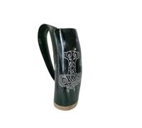 Viking By Heart Real Ox Horn 6-7'' Long, Vikings Drinking Smooth Horn Mug with Wooden Base, Engraved with Thor's Hammer, 13+ OZ Capacity, Polished Finish Horn Mug Unique Beer Gifts for Men, Women