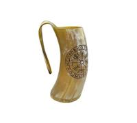 Viking By Heart Real Ox Horn 6-7'' Tall, Vikings Drinking Horn Mug with Wooden Base, Engraved with Viking Compass with Runes, 13+ OZ Capacity, Handcrafted Horn Mug Unique Beer Gifts for Men, Women