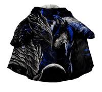Viking Clothing Men Hooded Coat, Nordic Tattoo Faux Cashmere Cape Winter Warm Coat Parka,Dragon Wolf,L