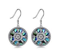 Viking Compass Earrings Sterling Silver Rune Vegvisir Pendant Earrings Abalone Shell Nordic Amulet Jewelry Gifts For Women