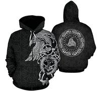 Viking Crow Hoodies, 3D Tattoo Print Pagan Men Long Sleeve Odin Raven Sweatshirts, Ethnic Wear with Pocket (Color : Zip, Size : 4XL)