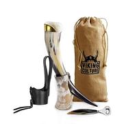 Viking Culture 500 ml. Viking Drinking Horn with Beer Opener, Stand, Genuine Leather Belt Holster and Vintage Burlap Bag, Polished Finished with Authentic Medieval Norse Style