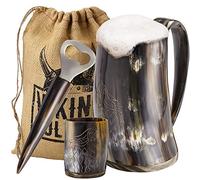 Viking Culture Ox Horn Mug, Shot Glass, and Bottle Opener (3 Pc. Set) Authentic 16-oz. Ale, Mead, and Beer Tankard | Vintage Stein with Handle | Custom Intricate Design - Polished Finish | Wolf/Fenrir