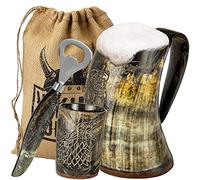 Viking Culture Ox Horn Mug, Shot Glass, and Bottle Opener (3 Pc. Set) Authentic 500 ml. Ale, Mead, and Beer Tankard | Vintage Stein with Handle | Custom Intricate Design - Natural Finish