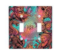 Viking Double Light Switch Cover Plate, Nordic Fantasy Dragon Shield None Multicolor Plastic Standard Size Toggle Light Switch Cover for Bedroom Bathroom Kitchen Entrance Decor
