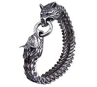 Viking Double Wolf Head Fenrir Bracelet,Men' s Stainless Steel Mesh Chain Wolf Head Cuff Bangle, Nordic Odin Celtic Pagan Mulet Punk Biker Charm Jewelry Gift (Size : 23CM)