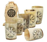 Viking Drinking Horn Cups Set of 6 3.2 oz Authentic Ox Horn Shot Glasses with Vegvisir Engraving Handcrafted Mead & Whiskey Tumblers for Norse Decor, Gifting & Medieval Reenactments