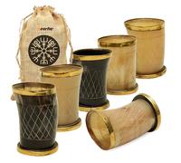 Viking Drinking Horn Cups with Gift Bag - Set of 6 Engraved Ox Horn Shot Glasses (3.2 oz) | Handmade Norse Tumblers with Brass Trim, Natural Horn Mugs for Mead & Whiskey