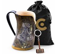Viking Drinking Horn Mug Gift Set - Genuine Natural Horn Beer Mug with Handle, Thor Hammer Norse Keychain & Satin Pouch - Medieval Viking Gift for Men, Reenactment, Festivals & Collectors.