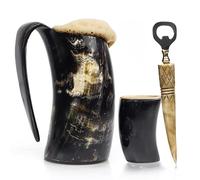 Viking Drinking Horn Mug Set with Cool Shot Glass & Opener for Beer, Whiskey, ale. Ox Horn Cup, Coffee Stein 16-20 oz for Men & Women- Ideal for Christmas, Birthday, Occasions and Home Decor.