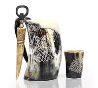 Viking Drinking Horn Mug Set with Cool Shot Glass & Opener for Beer, Whiskey, ale. Ox Horn Cup, Coffee Stein 16-20 oz for Men & Women- Ideal for Christmas, Birthday, Occasions and Home Decor. (Wolf)