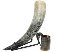Viking Drinking Horn with Stand Authentic Handmade Ox Horn Mug Set with Vegvisir Symbol - Includes Burlap Gift Bag Medieval Norse Ale Tankard for Mead, Beer, or Wine