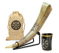 Viking Drinking Horns Set of 2 with Stand & Gift Bag16 oz Handmade Ox Horn Mugs with Vegvisir Rune Engraved Mead & Ale Tankards Norse Mythology-Inspired Medieval Gift Set for Men
