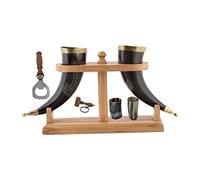 Viking Drinking OX Horn | Tankard | Mug | Cup for Ale, Beer, Mead, Wine, Shot Glass, Bottle Opener |100% Leak Free | Natural and Handmade | COMBO OFFERS (2 HORNS WITH WOOD STAND COMBO)