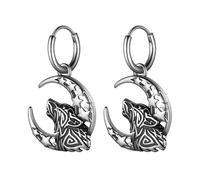 Viking Earrings Norse for Men - Stainless Steel Vintage Wolf Celtic Crescent Moon Viking Valknut Runes Thor Hammer Mjolnir Skull Huggie Hoop Dangle Earrings, One Size, Stainless Steel, No Gemstone