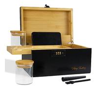 Viking Factory Large Bamboo Box with Combination Lock, Premium Smell Proof Box with Detachable Tray/Compartments, Wooden Decorative Storage Boxes with Alright Jars & Brushes for Great Gift Choice